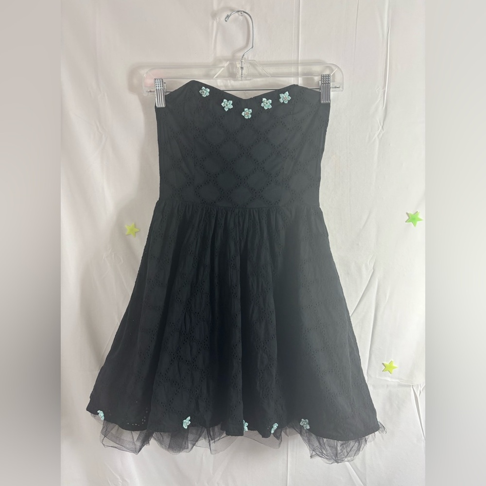 Y2K Strapless Dark Fairy Tulle Mini Dress with Blue Flower Embellishments Size S